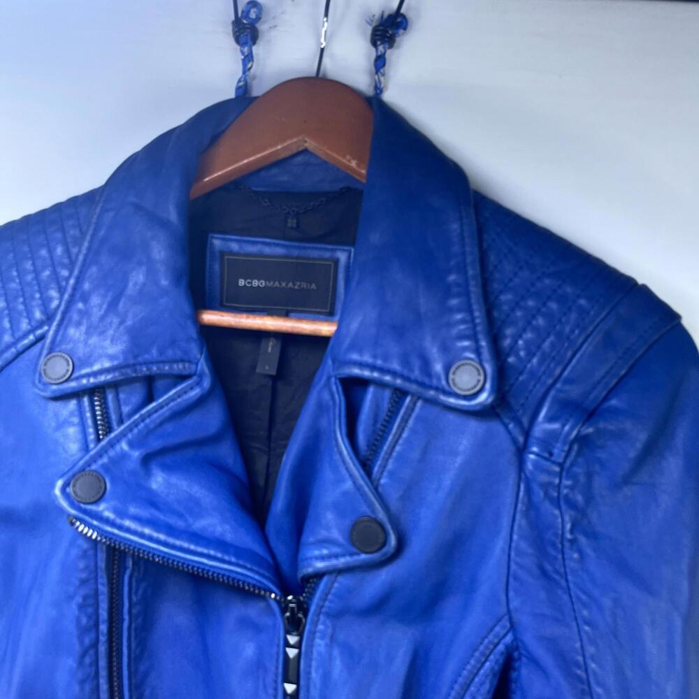 BCBG Max Azria Leather Jacket Blue Women's Large - Picture 2 of 10